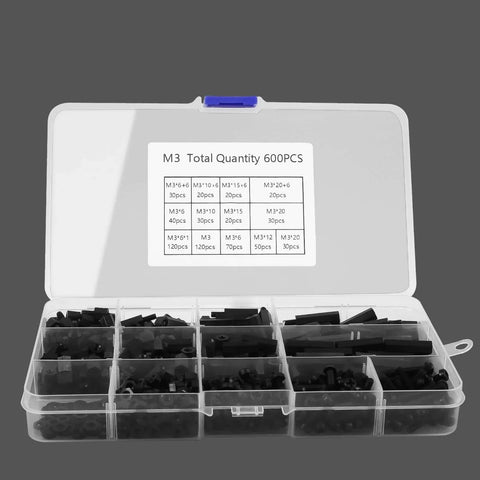 600Pcs M3 Nylon Hex Spacer Standoffs And Screws Assortment Kit in open box showing 13 sizes, black, for PCB and motherboard mounting.