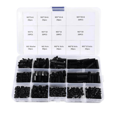 350Pcs M3 Nylon Hex Spacer Standoff Kit With Male And Female Spacers Nuts And Screws displayed in an organized case