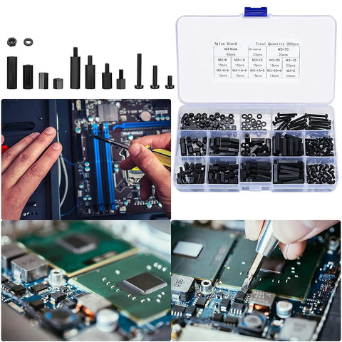 260 Piece M3 Nylon Hex Spacer Standoffs Kit With Male And Female Threads For PCB And Motherboard Includes Screws Nuts Assortment For Circuit Boards Black displayed in organized plastic box with close-up installation on circuit board.