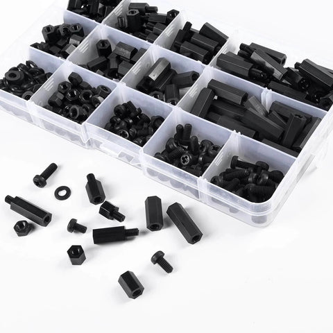 350Pcs M3 Nylon Hex Spacer Standoff Kit with male and female spacers, screws, nuts for PCB circuit board assemblies in black
