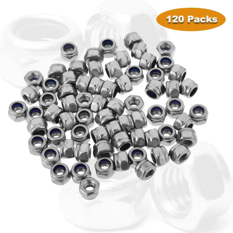 120 Piece M3 Nylon Insert Hex Lock Nuts Self Locking Kit, stainless steel nuts spread on a white surface, 120 packs label.