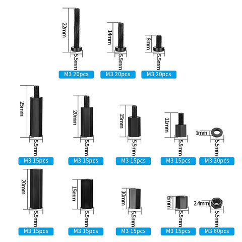 260 Piece M3 Nylon Hex Spacer Standoffs Kit With Male And Female Threads For PCB And Motherboard Includes Screws Nuts Assortment For Circuit Boards Black