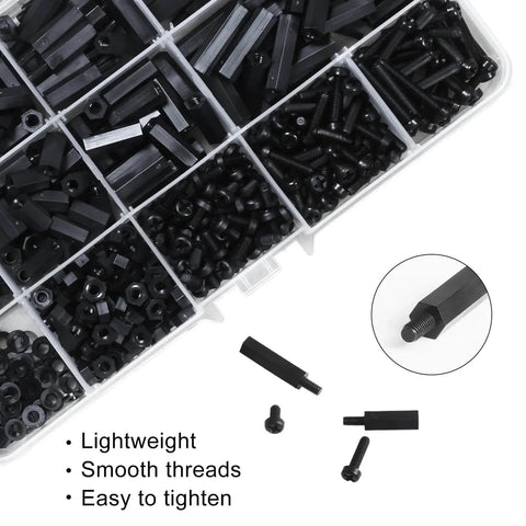600Pcs M3 Nylon Hex Spacer Standoffs And Screws Assortment Kit For PCB And Motherboard Mounting Black components in box