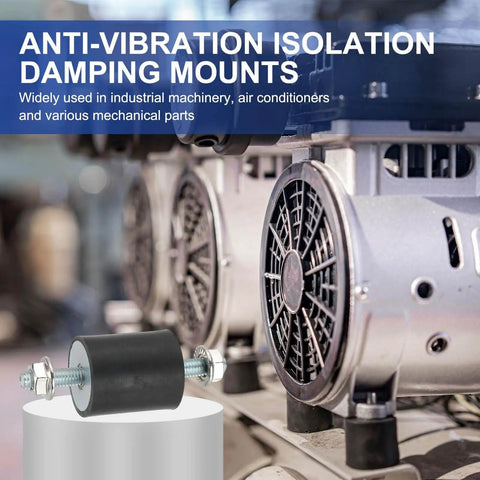Efficient M3 rubber isolator mounts absorb vibration and cut noise for motors, air compressors, engines; shown with equipment.