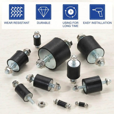 Efficient M3 rubber isolator mounts absorb vibration and cut noise for motors, air compressors, engines; shown with lock nuts