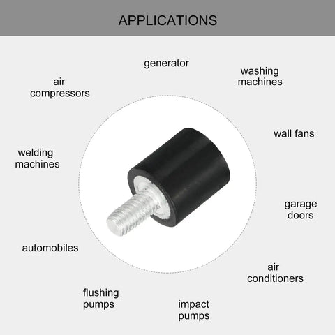 Compact M3 thread rubber mount for vibration isolation, shown with applications like air compressors and generators, featuring 8x8mm cylindrical design and M3x6mm stud.