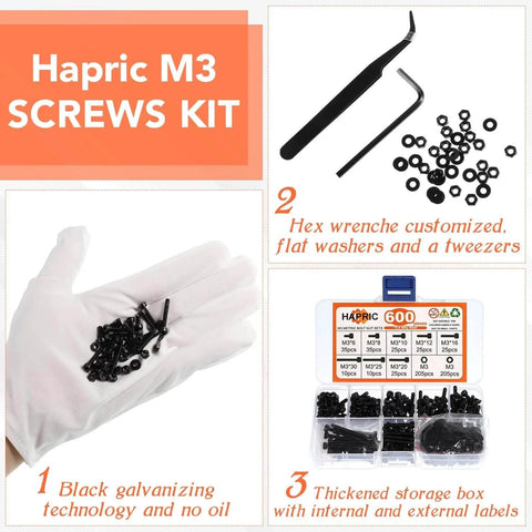 600 Pcs M3 Screws Assortment Kit 6-30mm Alloy Steel Hex Socket Head Bolts Nuts Washers with tools and storage box