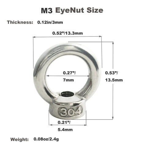 Diagram showing dimensions of 10 Pack M3 Stainless Steel Lifting Eye Nuts With Shoulder Ring For Rigging And Lifting 304 Stainless Metric Thread.