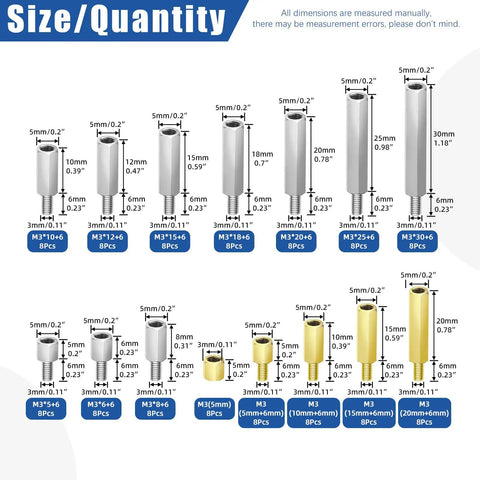 256 Piece M3 Hex Standoff Kit With Carbon Steel Nylon And Brass Spacers Pan Head Screws And Nuts For PCBs Motherboards And Drones Glarks size chart