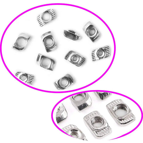 Close-up of 105 Pack M3 T Slot Nuts For 2020 Series Aluminum Extrusions With Hammer Head Design Carbon Steel Nickel Plated Fasteners.