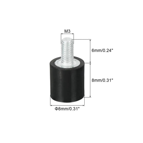 Compact M3 thread rubber mounts deliver reliable vibration isolation, featuring 8x8mm cylindrical shock absorber with M3x6mm stud.