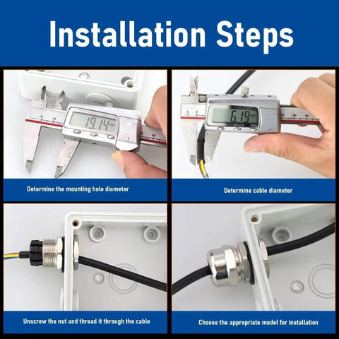 Installation steps for M32 Stainless Steel IP68 Cable Gland With Threaded Seal Sleeve For 15 To 22mm Cables For Motors Appliances And Marine Use Built Tough Waterproof Outdoor Ready Submersible Protection And Durable Seal showing measurement of mounting hole diameter, cable diameter, nut threading, and model selection.
