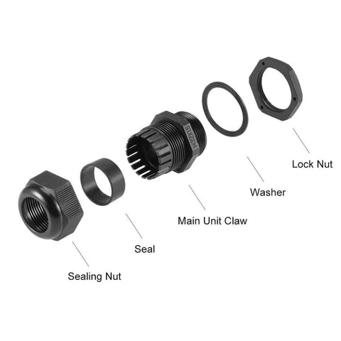 Exploded view of Premium M32 Cable Gland 16mm To 21mm Waterproof Nylon Joint With Locknut And Washer Black 20pcs showing components