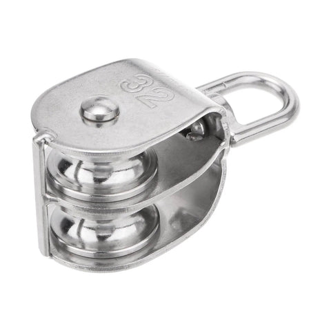 M32 Double Pulley Block, Stainless Steel Swivel Rigging Lifting Wheel, side view showing double sheave and swivel ring.