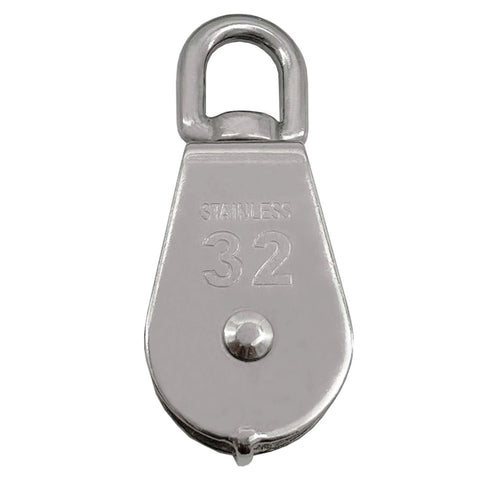 Front view of 2Pcs M32 Single Pulley Block, 304 Stainless Steel Wire Rope Hanging Wire Towing Wheel Loading 551Ibs with engraved markings.