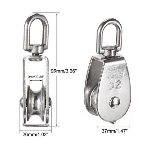 4Pcs M32 Single Pulley Block, Creatiee-Pro Heavy Duty 304 Stainless Steel Pulley Roller Crane Swivel Hook
