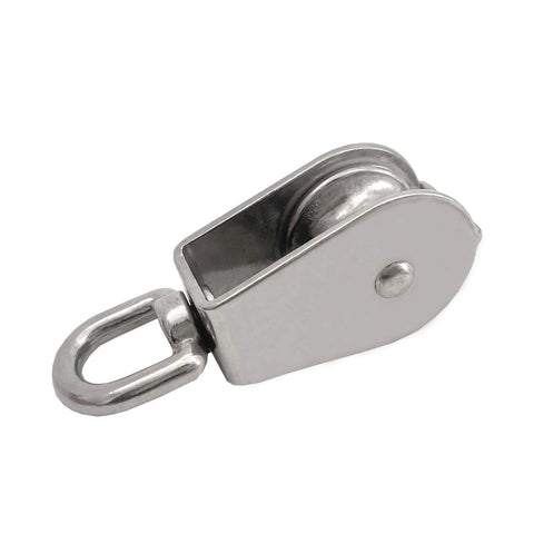 2Pcs M32 Single Pulley Block, 304 Stainless Steel shown from side, featuring swivel ring and wheel, for wire rope hanging and towing 551Ibs.