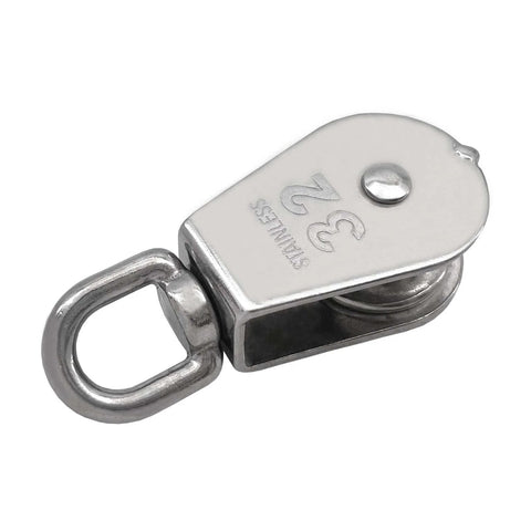 2Pcs M32 Single Pulley Block, 304 stainless steel, with 360-degree swivel ring for heavy-duty wire rope loading, side view