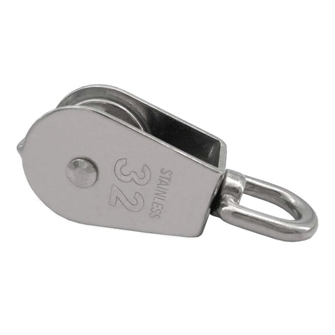 Side view of 2Pcs M32 Single Pulley Block, 304 stainless steel, with 32mm wheel for wire rope hanging, towing, loading 551Ibs.