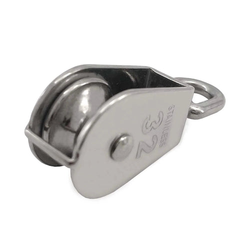 Close-up view of a 2Pcs M32 Single Pulley Block, 304 stainless steel, featuring a 32mm wheel and eye, designed for wire rope hanging.