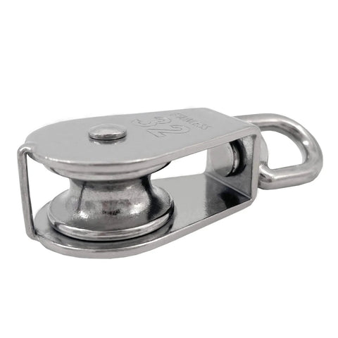 Close-up view of 2Pcs M32 Single Pulley Block, 304 Stainless Steel Wire Rope Hanging Wire Towing Wheel Loading 551Ibs