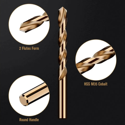 Close-up of Cobalt Drill Bit Set 115 Piece M35 High Speed Steel for Hardened Metals showing 2 flutes, round handle, and HSS M35 cobalt.
