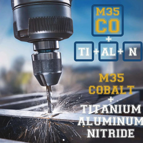 Drill in action using 3 Pack 1/4 Inch Drill Bit Set with Industrial Grade M35 Cobalt TiAlN Coating, sparks flying from metalwork