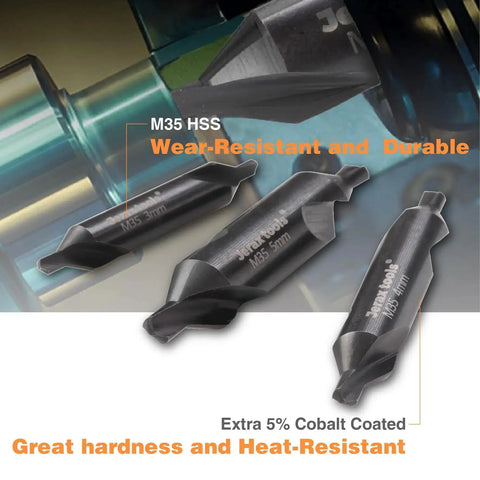 Close-up of 6 Piece M35 HSS 60 Degree Center Drill Bit Set showing wear-resistant and durable features with cobalt coating