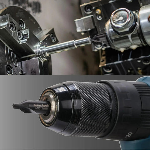 Close-up of 6 Piece M35 HSS 60 Degree Center Drill Bit Set for lathe and metalworking in action on a metal surface