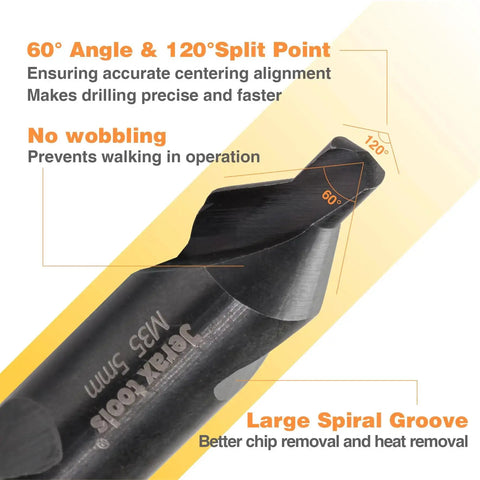 Close-up of M35 HSS 60-degree center drill bit with labeled features for lathe and metalworking on tough metals