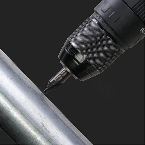 6 Piece M35 HSS 60 Degree Center Drill Bit Set in use on metal, showcasing drill precision for stainless steel, alloy, and tough materials.