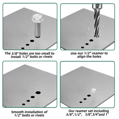 Pro Grade 5 Piece M35 HSS Taper Chucking Reamer Set For Drill And Milling demonstrating hole alignment and installation on metal