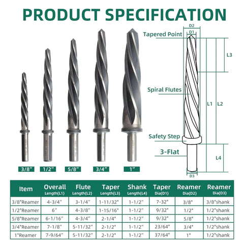 Pro Grade 5 Piece M35 HSS Taper Chucking Reamer Set For Drill And Milling Sizes Three Eighths One Half Five Eighths Three Quarters One Inch Fits Three Eighths Or One Half Inch Shank Five Spiral Flutes For Wood Metal Alloys Align And Expand Holes product image and specifications chart.
