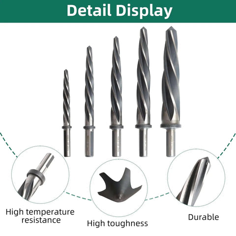 Pro Grade 5 Piece M35 HSS Taper Chucking Reamer Set for drill and milling, visible sizes three eighths to one inch, detail display