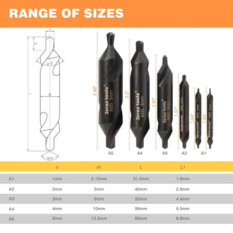 Range of sizes for 6 Piece M35 HSS 60 Degree Center Drill Bit Set for Lathe and Metalworking Countersink Tools