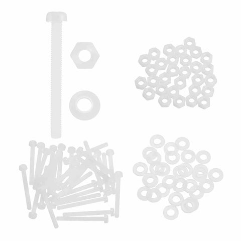 30 Piece M3x30mm Nylon PA66 Cross Round Head Bolts, Nuts, And Washers Assortment Kit displayed in sets for DIY machine assembly