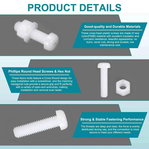 30 Piece M3x30mm Nylon PA66 Cross Round Head Bolts, Nuts, And Washers Assortment Kit details showcasing bolts and nuts.