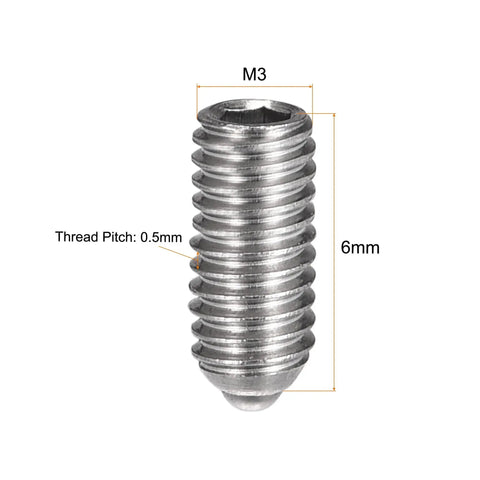 Ball Point Set Screws M3 X 6mm 304 Stainless Steel Ball Plunger Hex Socket Screws with 0.5mm thread pitch shown vertically