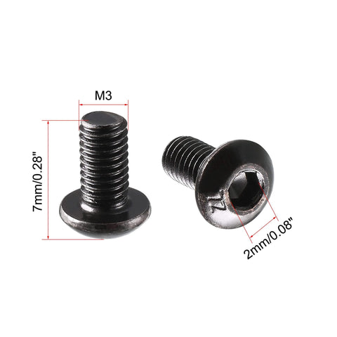 Two M3x6mm Thread Button Head Hex Socket Cap Screws with dimensions, black oxide finish, 10.9 alloy steel, close-up view