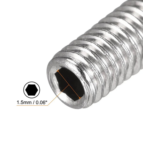 Close-up of Ball Point Set Screws M3 X 6mm 304 Stainless Steel Ball Plunger Hex Socket Screws showing hex socket width 1.5mm.