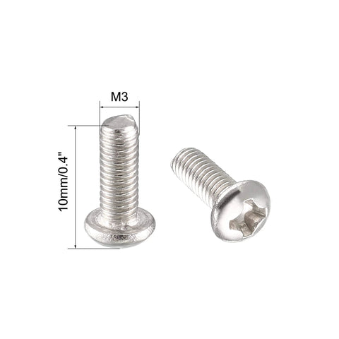 Close-up of M3x8mm Stainless Steel Phillips Round Pan Head Machine Screws, highlighting thread size and head, pack of 100