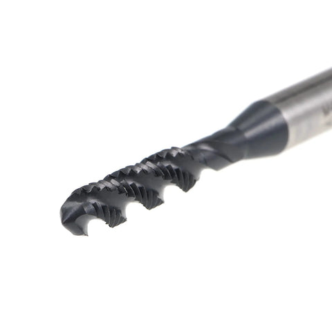 Close-up of M4 x 0.7 Spiral Flute Thread Tap, HSS Nitriding Coated, showing spiral design and round shank with square end, 2pcs