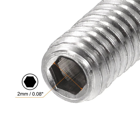 Close-up of Ball Point Set Screws M4 x 10mm 304 Stainless Steel Hex Socket Ball Plunger Screws with hex measurement diagram.