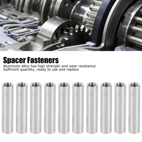 10Pcs M4 Round Female Nuts And Aluminum Alloy Standoff Columns 26mm Length 6mm Outer Diameter Thread Spacer Fasteners For Tight Spaces And Corner Mounts Versatile Connector For DIY Projects And Furniture displayed in front of gears.