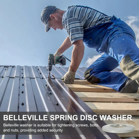 Construction worker installing roof using M4 Belleville Spring Washers 100 Pcs 65Mn Steel Conical Knurled Gasket for stability