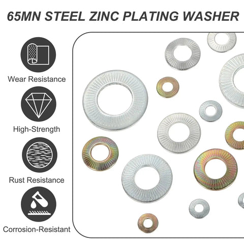 Assorted M4 Belleville Spring Washers 100 Pcs 65Mn Steel Conical Knurled Gasket showcasing wear resistance and zinc plating benefits.