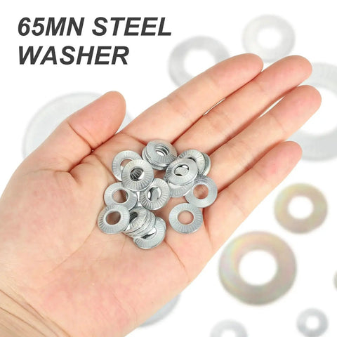 Hand holding M4 Belleville Spring Washers 100 Pcs 65Mn Steel Conical Knurled Gasket against background with additional washers