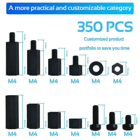 350 Piece M2.5 Black Nylon Hex Spacer Standoff Kit With Male And Female Nuts And Screws for PCBs visual with dimensions
