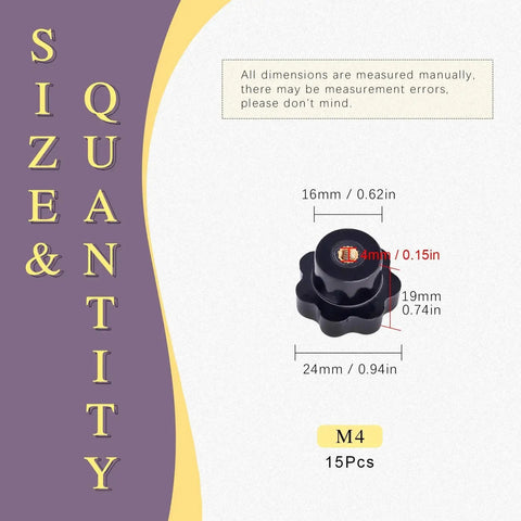 15 Piece M4 7 Star Knob Female Thread Nut Clamping Knob Grip Assortment Kit showing knob dimensions and quantity in black plastic.