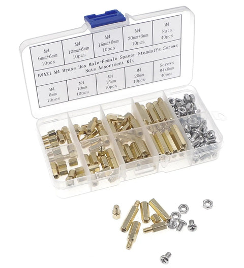 M4 Brass Hex Spacer Standoff Kit With Screws And Nuts 160 Pieces Male-Female Includes Plastic Storage Box M4 Thread 0.7mm Hex Size 5.4mm
